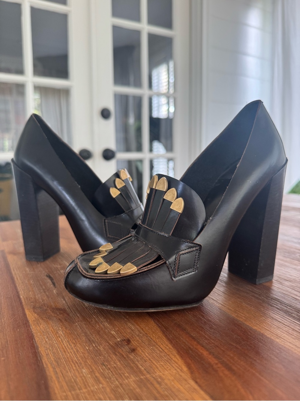 Chloe Black Leather Block Heel Loafers with Gold Accents